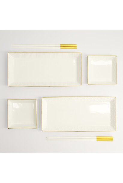 Sushi giftset Nippon white met gold rim set/6 incl chopsticks - 24.3x11.5x2.5 & 9.8x9.8x2.1cm