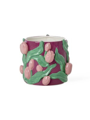 Rice Aardewerk vaas / bloem pot met embossed Tulips - handpainted