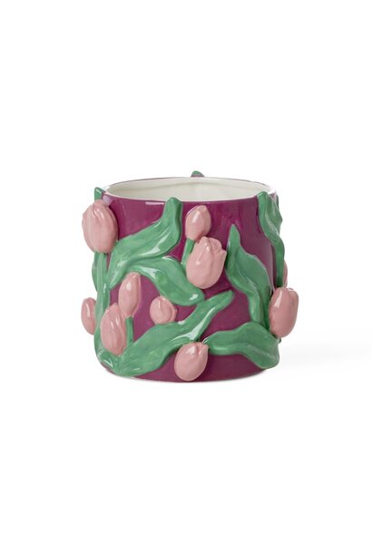 Aardewerk bloem pot cream met embossed Tulips - handpainted