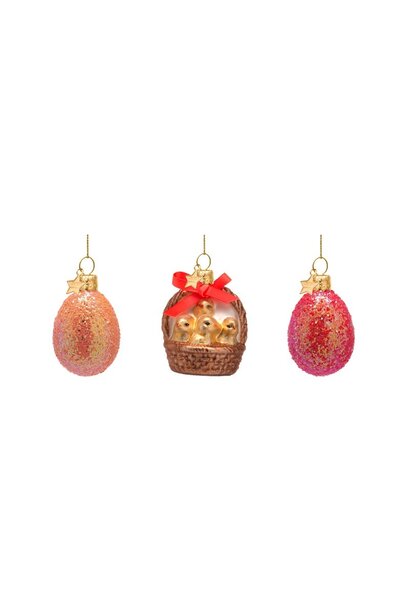 Oster Anhänger glas Egg, chicks in basket & egg - set/3 boxed H:6cm
