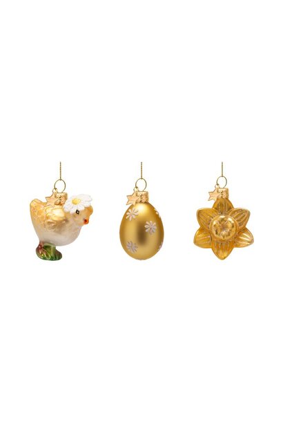 Oster Anhänger glas Chick, egg & flower - set/3 boxed H:6cm