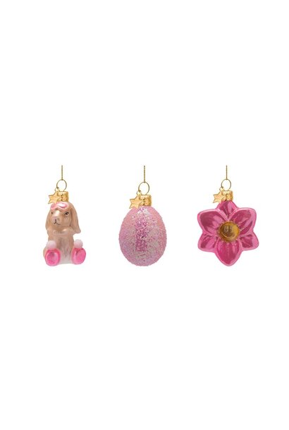 Oster Anhänger glas Bunny, egg & flower - set/3 boxed H:6cm