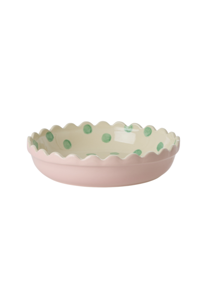 Ovenschaal rond medium pink en creme met green dots