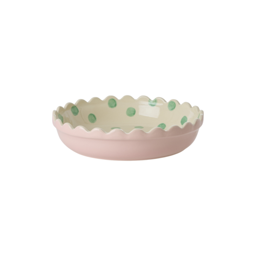 Rice Ovenschaal rond medium Two Tone pink en creme met green dots Rice Ovenschaal rond medium Two Tone pink en creme met green dots