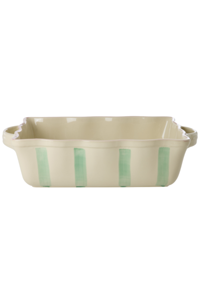 Ovenschaal rechthoek large creme - green stripes en pink edge