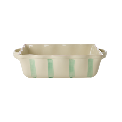 Rice Ovenschaal rechthoek large creme - green stripes en pink edge Rice Ovenschaal rechthoek large creme - green stripes en pink edge