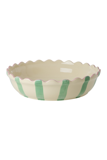 Ovenschaal rond large creme - green stripes en coral edge