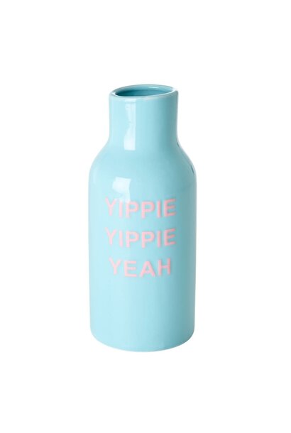 Aardewerk vaas blauw tekst Yippie Yippie Yeah
