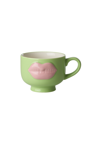 Aardewerk kop embossed Soft Pink Lips neon green 250ml