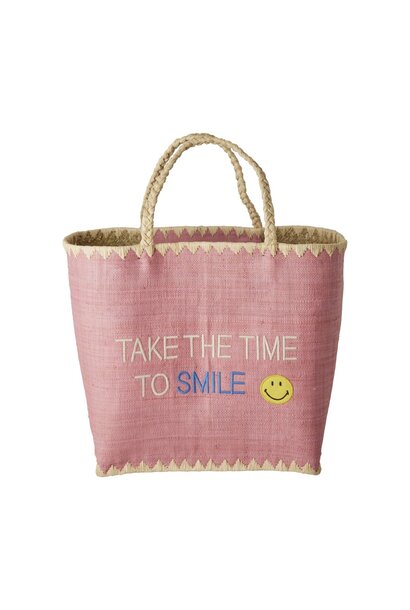 Raffia shopper Pink & tekst 'Take the time to Smile'
