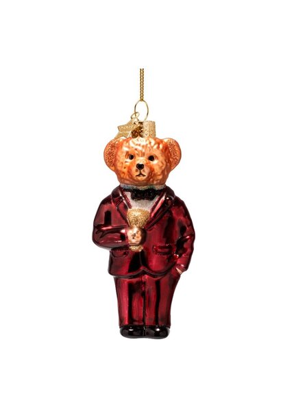 Ornament glas burgundy bear in clothes H11cm - in giftbox