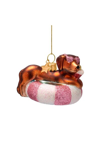Ornament glas mutlicolor dog on pool float H6cm - in giftbox