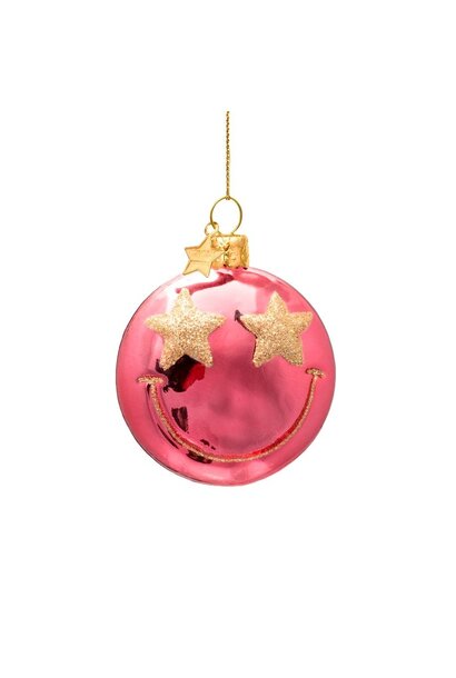 Ornament glas smiley w/ star eyes rose pink H7.5cm - in giftbox
