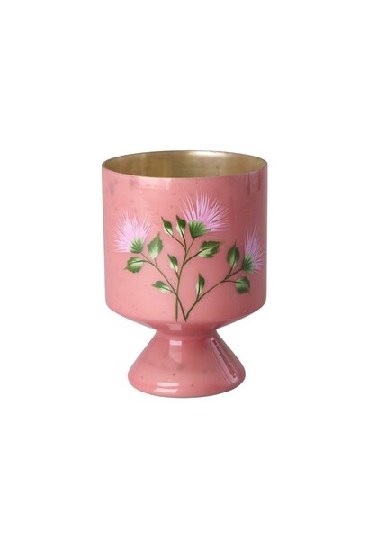 Vaas met voet glas pink & handpainted flowers - zilver / gouden binnenkant