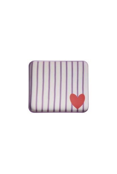 Dienblad metaal small rechthoek white met purple stripes - heart - 21.5x18.5cm