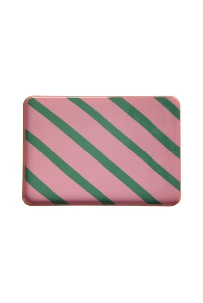 Dienblad metaal large rechthoek pink met green stripes - 22x32cm