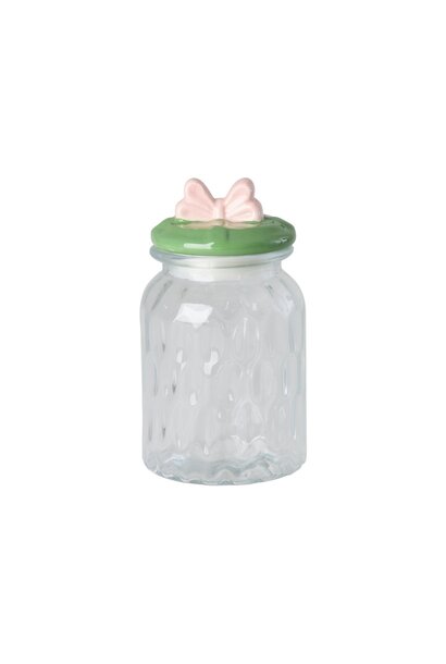 Voorraadpot glas medium deksel green met Bow pink