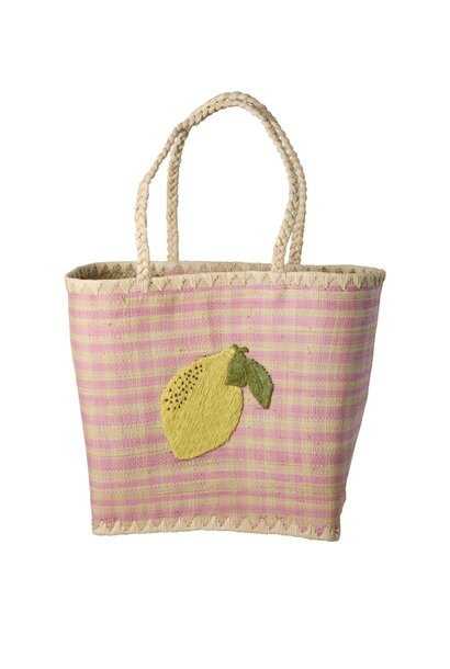 Copy of Raffia Shopper medium Heavy Flower Embroidery soft plum - leren handgreep