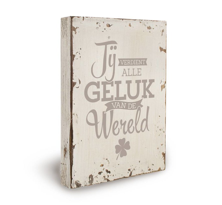 Houten tekstbord "Geluk Wereld"