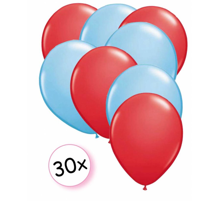 Ballonnen Rood & Licht blauw 30 stuks 27 cm