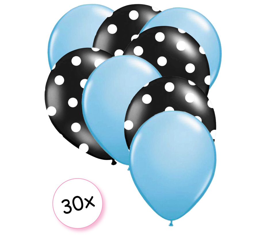 Ballonnen Licht blauw & Dots Zwart-Wit 30 stuks 27 cm