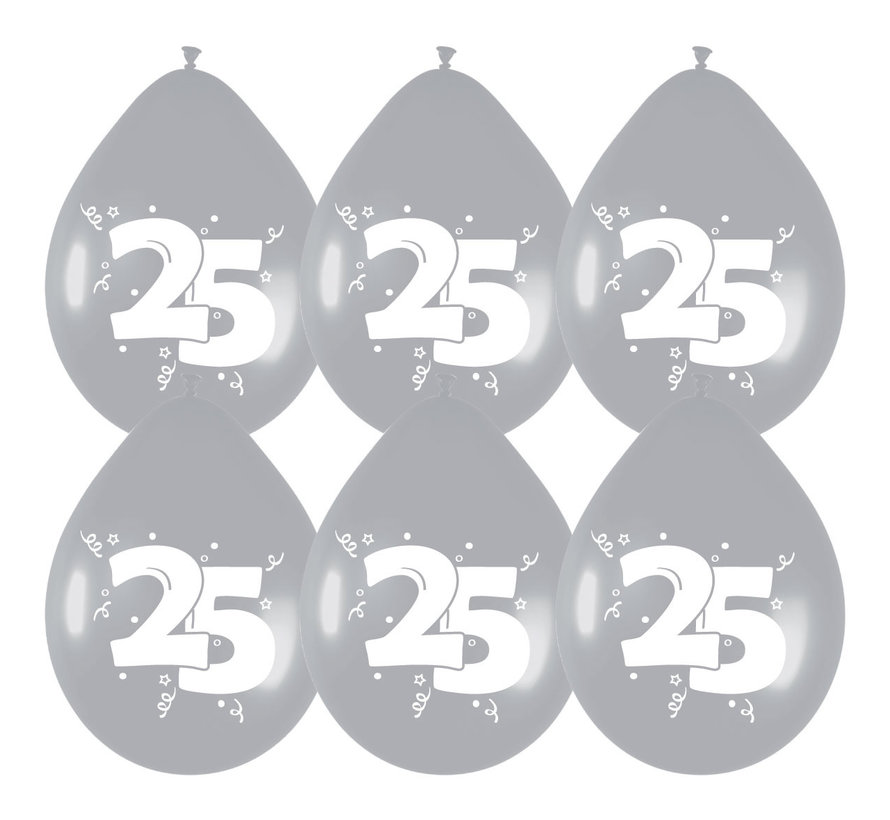 Ballonnen 25 Jaar Zilver/Wit 6 stuks 30 cm