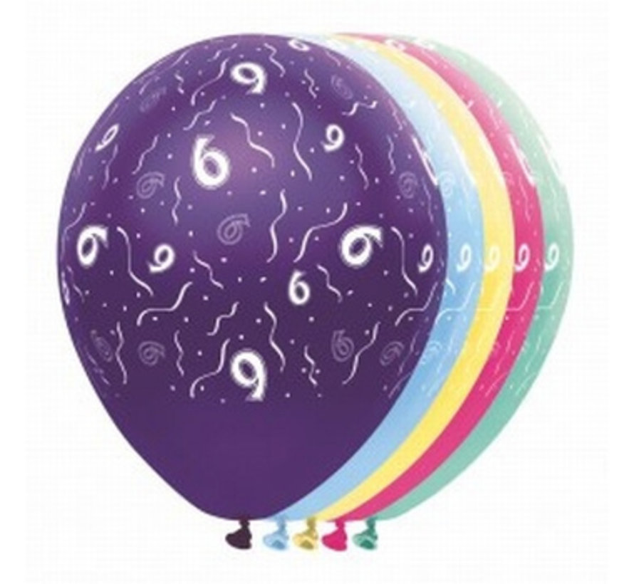 Ballonnen getal 6 & Confetti 5 stuks 30 cm