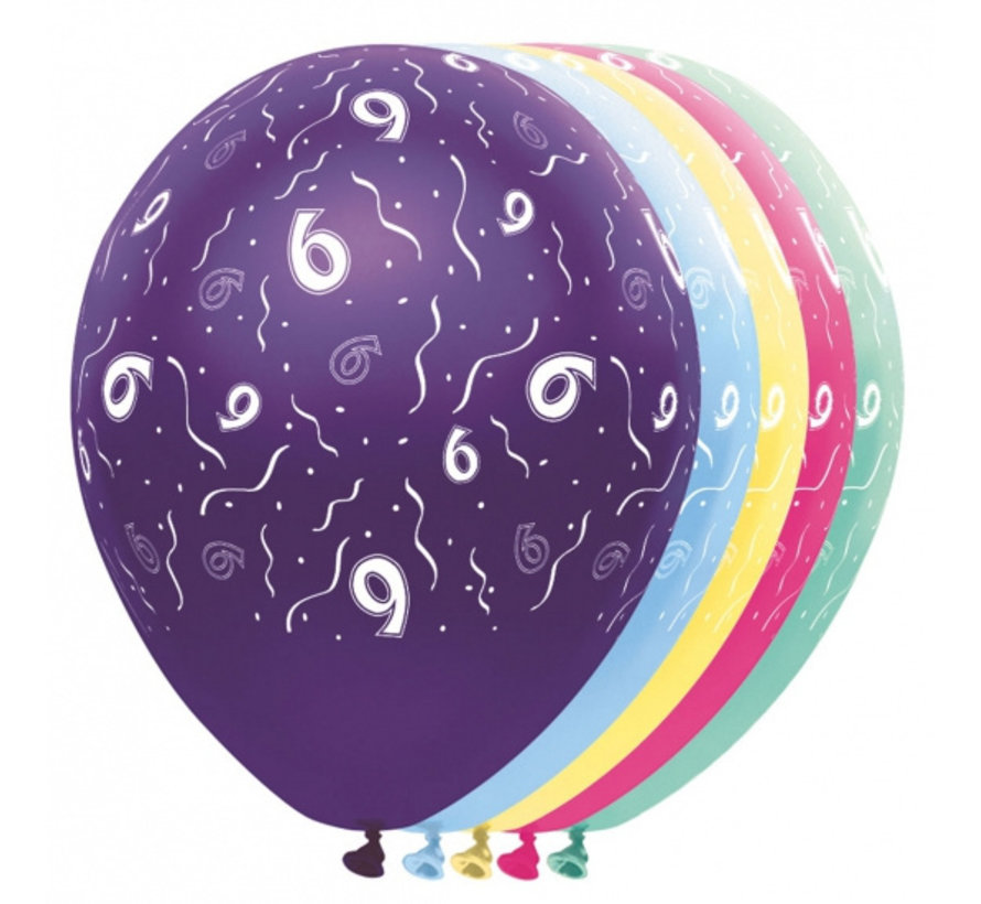 Ballonnen getal 9 & Confetti 5 stuks 30 cm