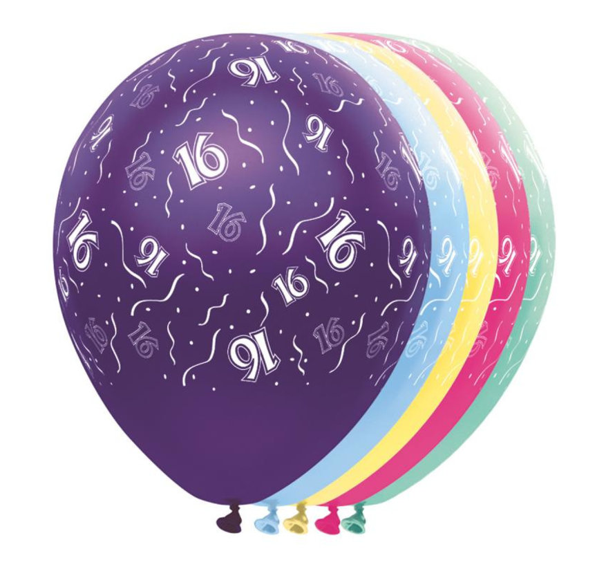 Ballonnen getal 16 & Confetti 5 stuks 30 cm