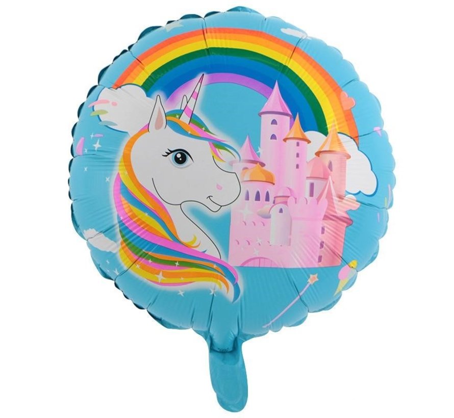 Folieballon Eenhoorn regenboog kasteel Blauw 45 x 45 cm