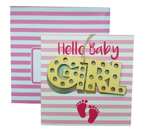 Wenskaart Hello Baby Girl met hanger