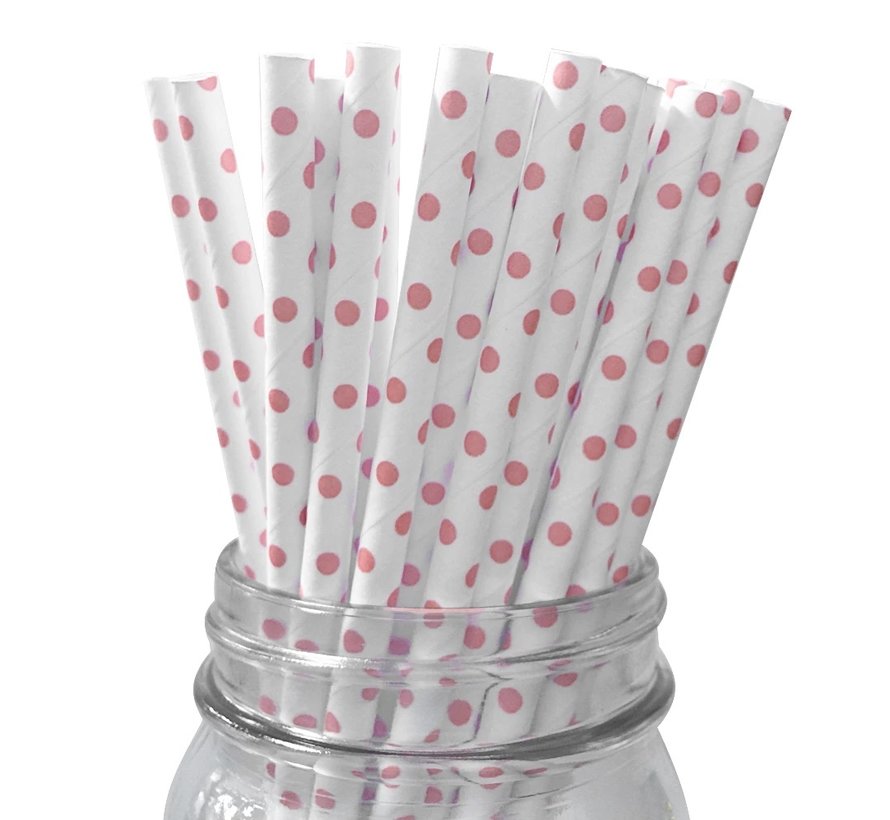 Papieren rietjes Dots Wit/Roze 16 stuks