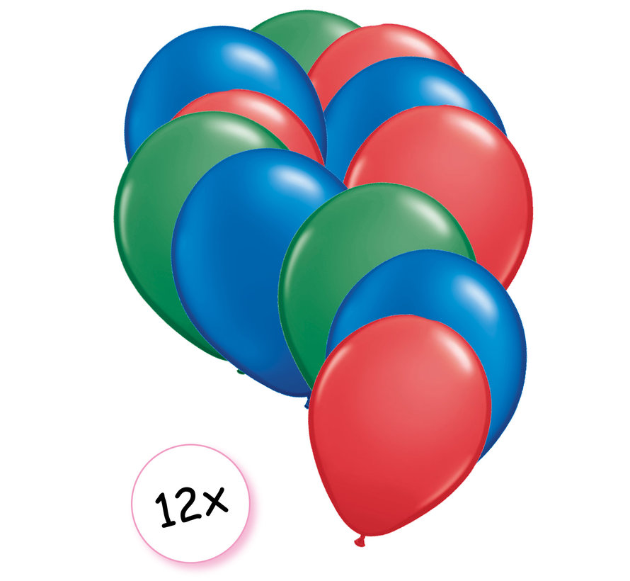 Ballonnen Groen, Blauw & Rood 12 stuks 27 cm