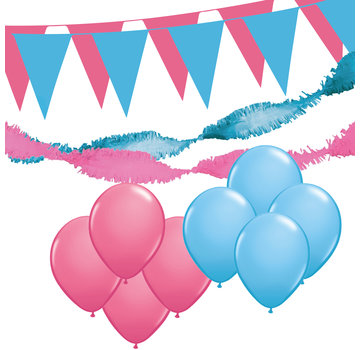 Joni's Winkel Versiering pakket M "Roze-Licht blauw" - ballonnen / slingers en vlaggenlijnen