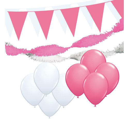 Joni's Winkel Versiering pakket L "Wit & Roze" - ballonnen / slingers en vlaggenlijnen