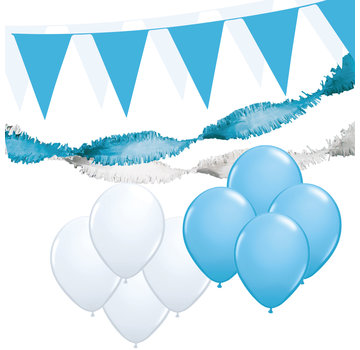 Joni's Winkel Versiering pakket L "Wit-Licht blauw" - ballonnen / slingers en vlaggenlijnen