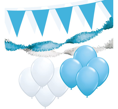 Joni's Winkel Versiering pakket L "Wit-Licht blauw" - ballonnen / slingers en vlaggenlijnen