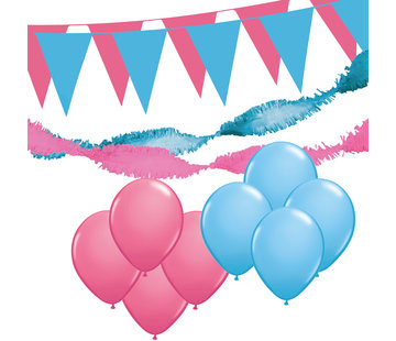 Joni's Winkel Versiering pakket XL "Roze-Licht blauw" - ballonnen / slingers en vlaggenlijnen