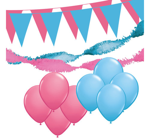 Joni's Winkel Versiering pakket XL "Roze-Licht blauw" - ballonnen / slingers en vlaggenlijnen