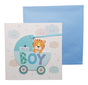 Wenskaart Geboorte Kinderwagen "It's a boy"