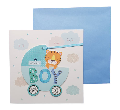 Wenskaart Geboorte Kinderwagen "It's a boy"