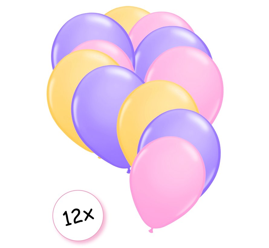 Premium Quality Ballonnen Pastel Roze, Pastel Paars & Pastel Geel 12 stuks 30 cm