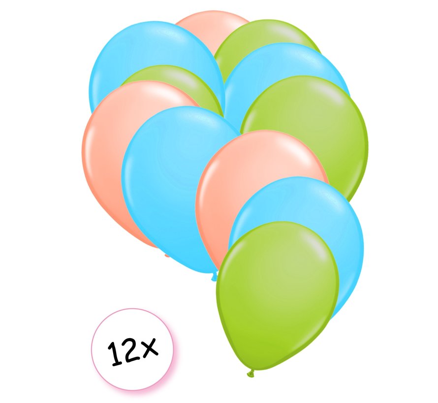 Premium Quality Ballonnen Pastel Groen, Pastel Blauw & Pastel Oranje 12 stuks 30 cm