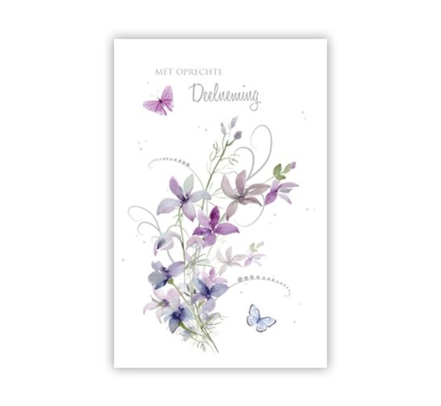 Condoleance kaart "Lila bloemen en 2 vlinders"