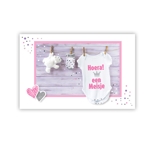 PC Wenskaart Geboorte "Kleding aan waslijn voor roze hout"