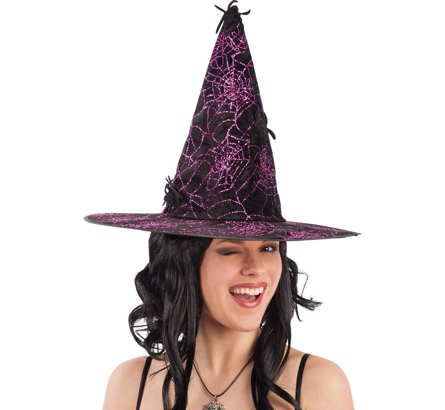 Heksenhoed 35 cm fluweel zwart/paars