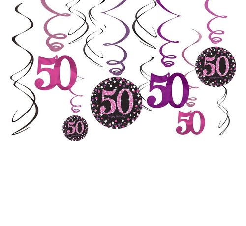 Amscan Swirls 50 jaar Roze/Zwart 18 stuks