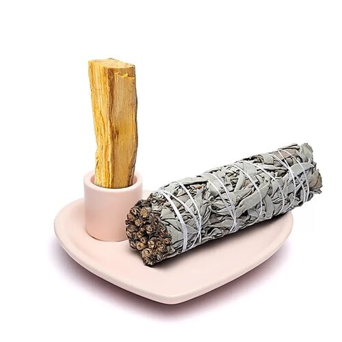 Phoenix Import Ceramic smudge bowl and palo santo burner heart-shaped pastel pink