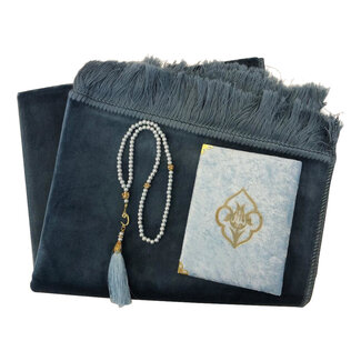 Mirac Gift set Blue with Velure Prayer Rug, Pearl Tasbih, Mushaf Yasin book