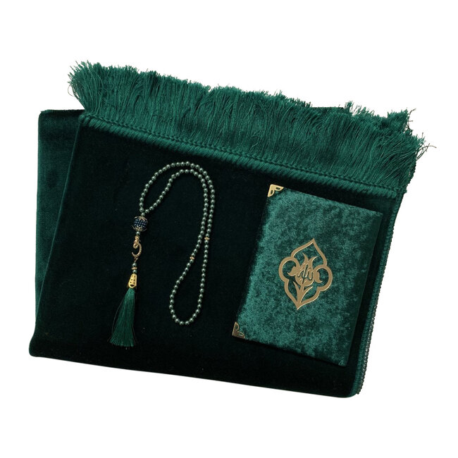 Mirac Gift set Green with Velure prayer rug Pearl Tasbih, Mushaf Yasin book